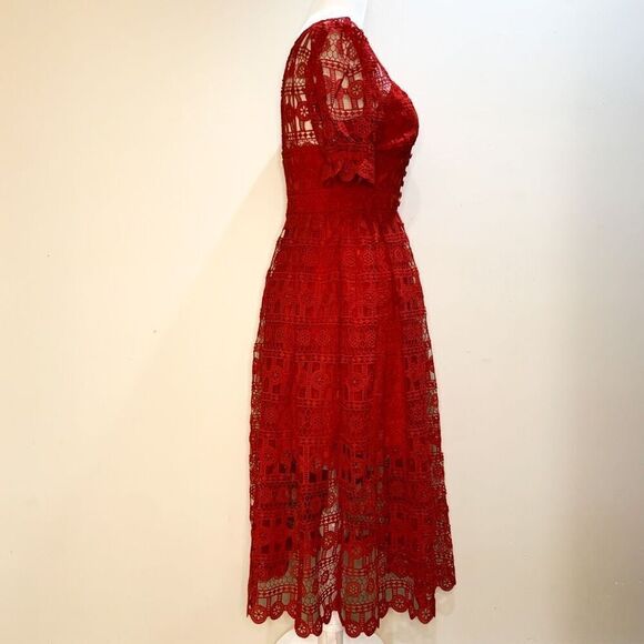 Self-Portrait Guipure V-Neck Puff Sleeve Red Midi Dress US 2 UK 4 Extra Small - Picture 2 of 10